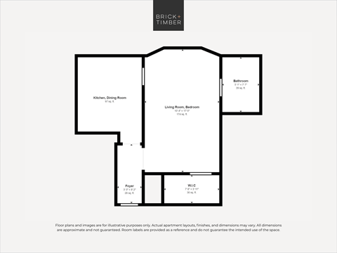 Floor plan for studio, 1 bath, 385 sqft